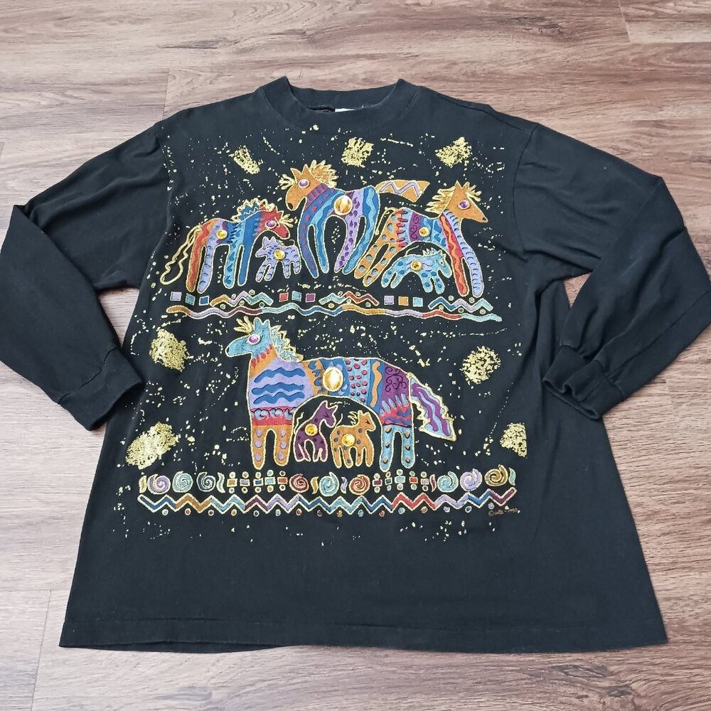 VTG Pop Art KWBL Los Angeles LA Long Sleeve Shirt‎ Hand painted Jewel Horses M